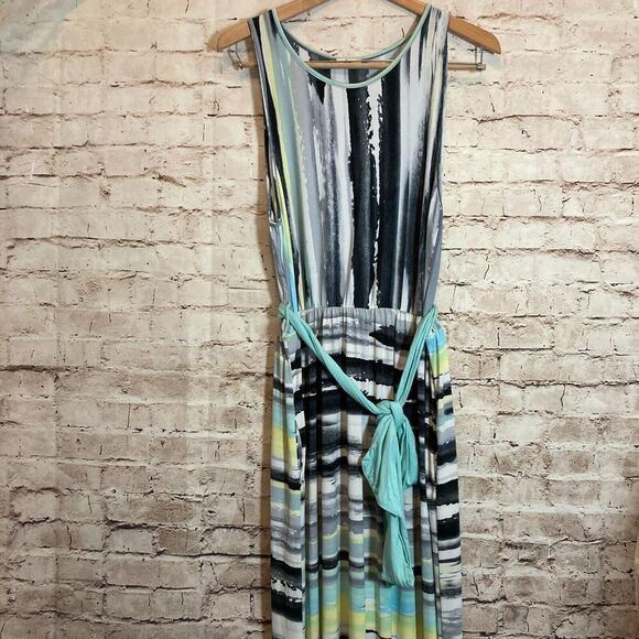 Egs Maxi Dress Womens 2XL Gray & Turquoise Tie Dye Stripes Belted Long Stretch - Picture 1 of 14